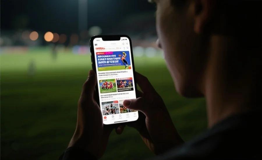 一位年轻用户在夜晚用手机浏览体育资讯页面，屏幕上显示丰富多彩的新闻和赛事图片