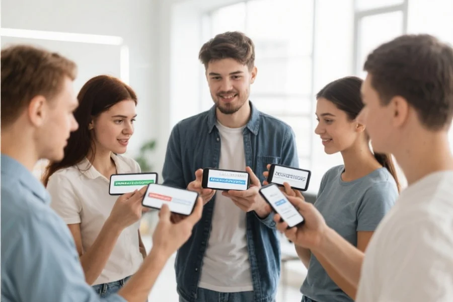 一组手持智能手机的年轻人正在讨论并对比不同网址的安全性，背景为明亮的现代室内环境